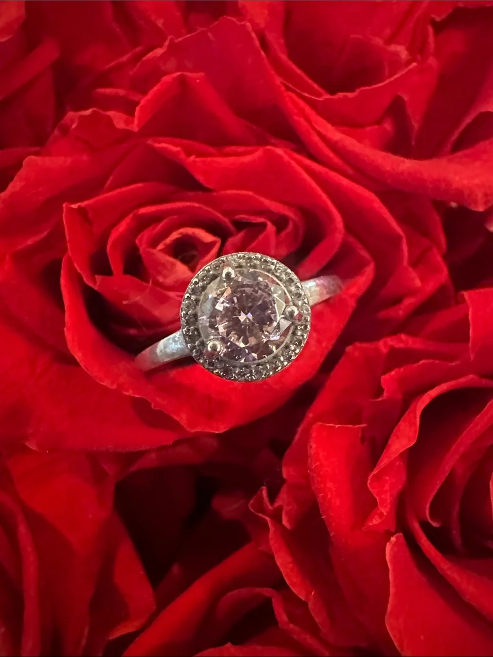 925 Silver Ring with Pink Center Stone and Halo